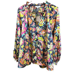 Umgee USA Multicolor Floral Satin Colorful Peasant Blouse Size 1X Relaxed Flowy